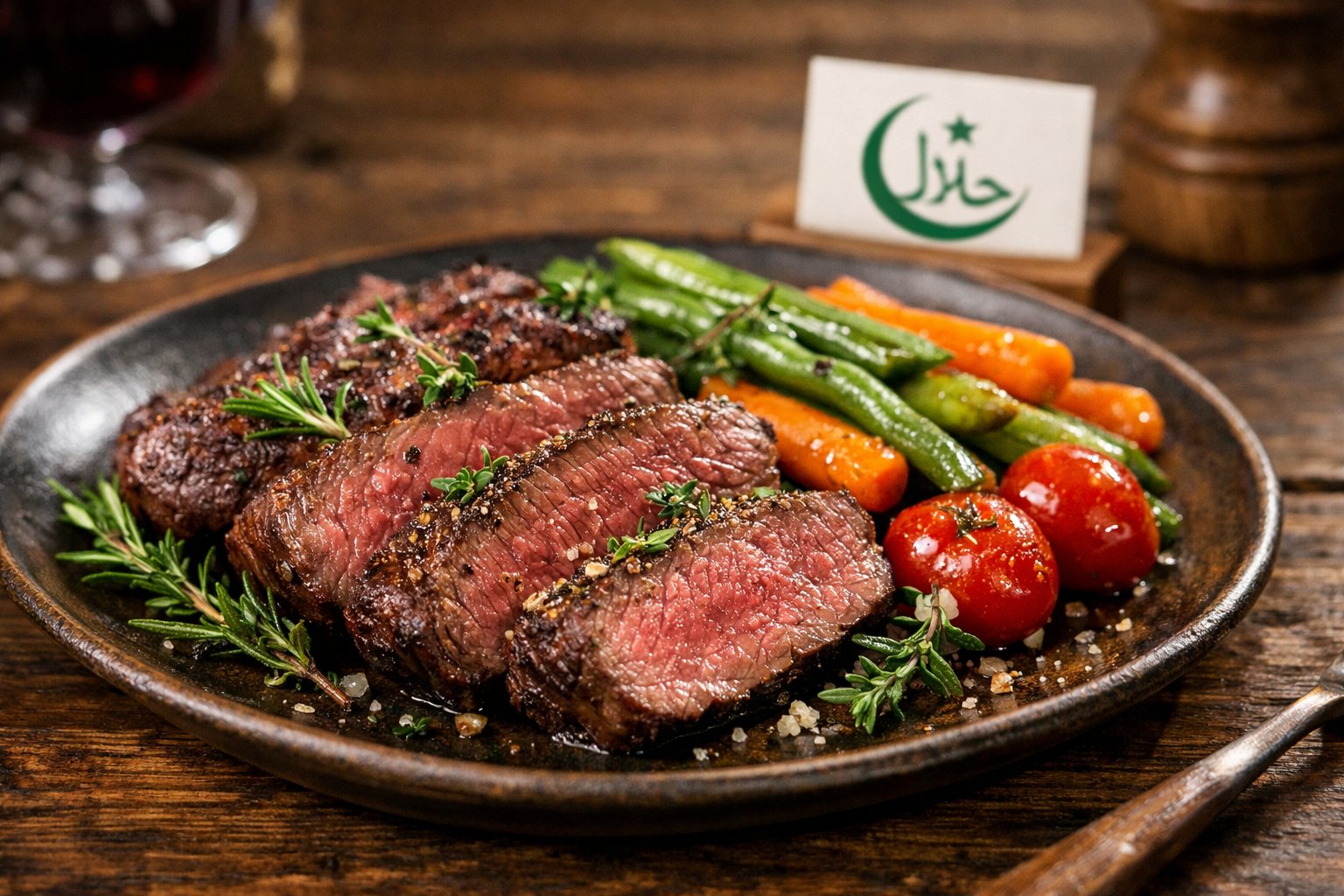 A plate of cooked deer meat garnished with herbs and vegetables on a wooden table with a small halal certification card in the background.