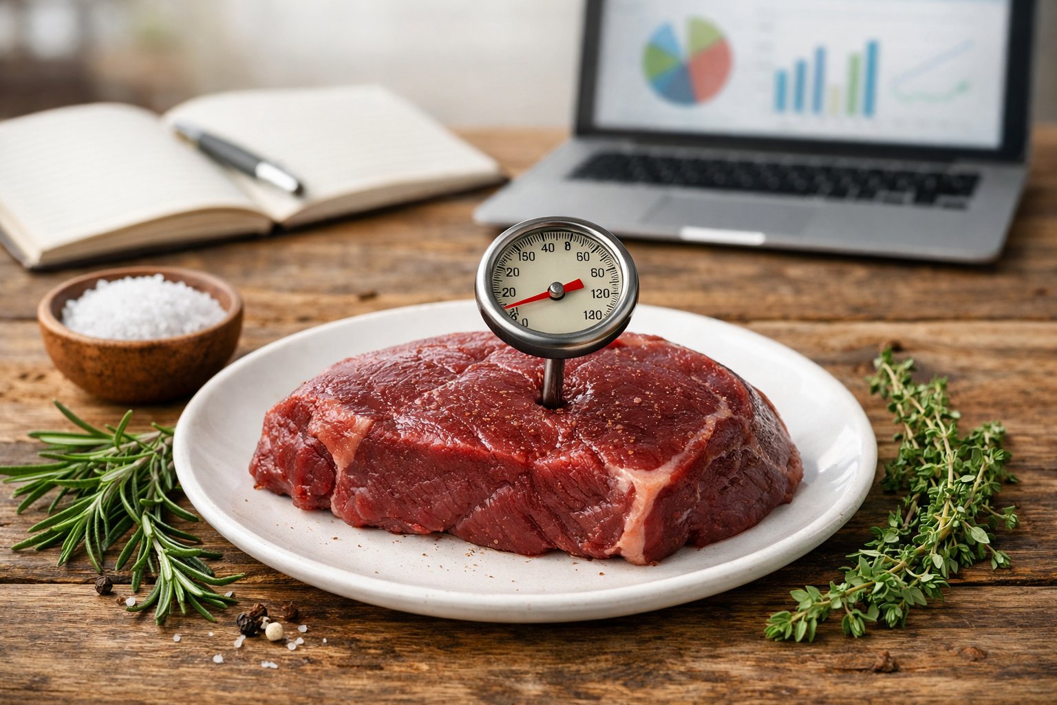 A raw deer meat steak on a white plate with herbs and a meat thermometer on a wooden table, with a blurred nutritionist workspace in the background.