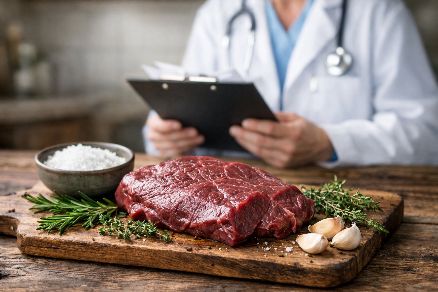Raw deer meat on a wooden cutting board with herbs and garlic, with a medical professional examining documents in the background.