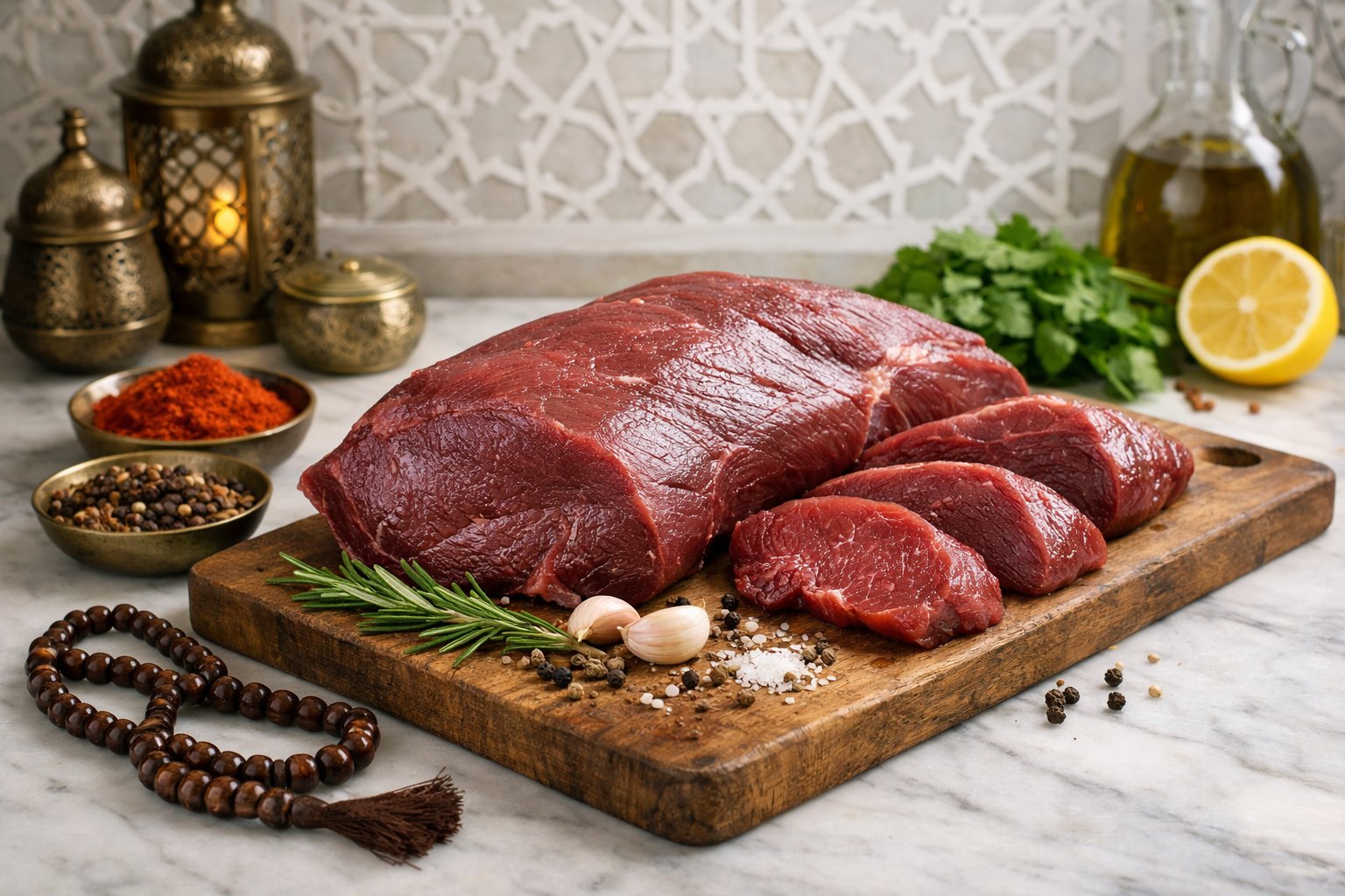 A kitchen scene showing fresh deer meat on a cutting board with prayer beads and spices nearby.