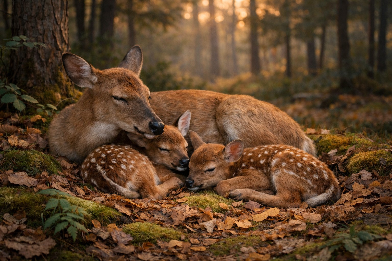 A family of deer resting together in a forest clearing on a bed of leaves and grass at dusk.