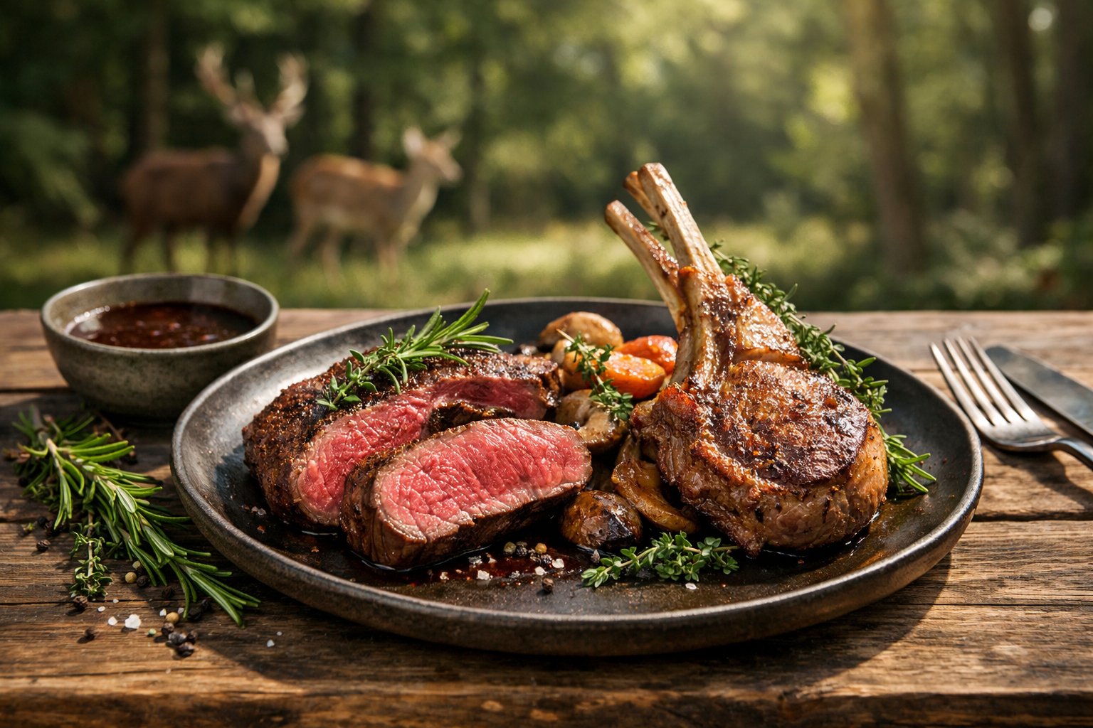A plated venison steak and lamb chop on a wooden table outdoors with herbs and sauce, with deer grazing in the blurred background.
