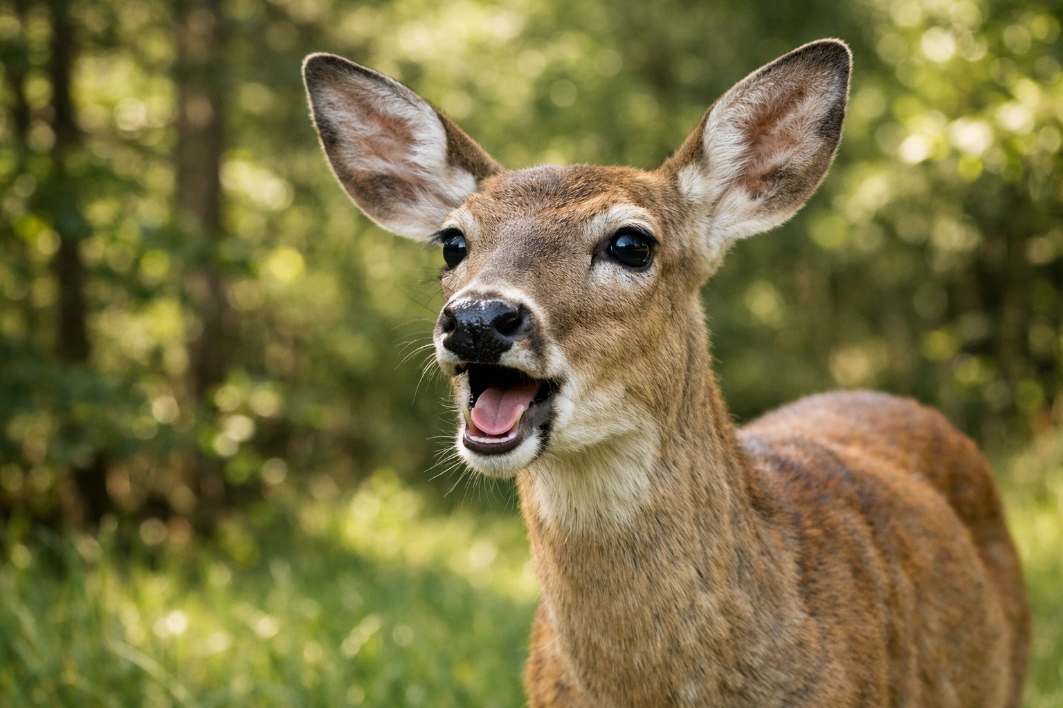 A deer standing in a forest clearing with its mouth open as if barking, surrounded by green trees and sunlight.