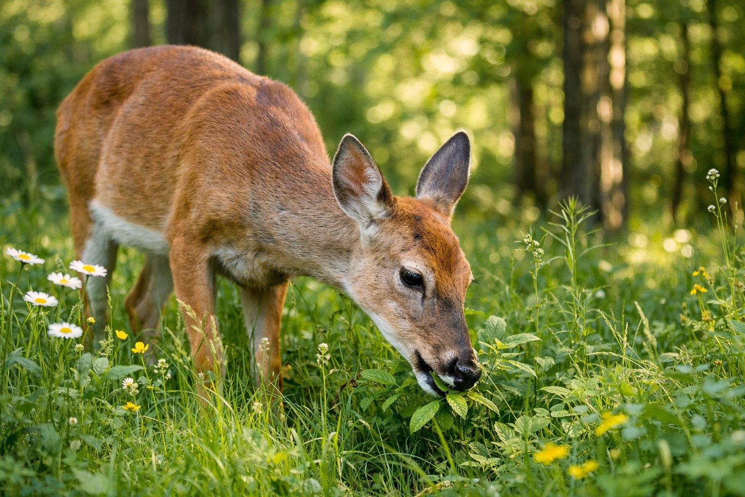 A deer grazing on grass and leaves in a green forest meadow with trees in the background.