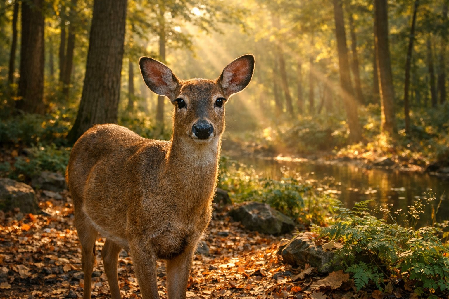 A calm deer standing close in a sunlit forest with trees and plants around.
