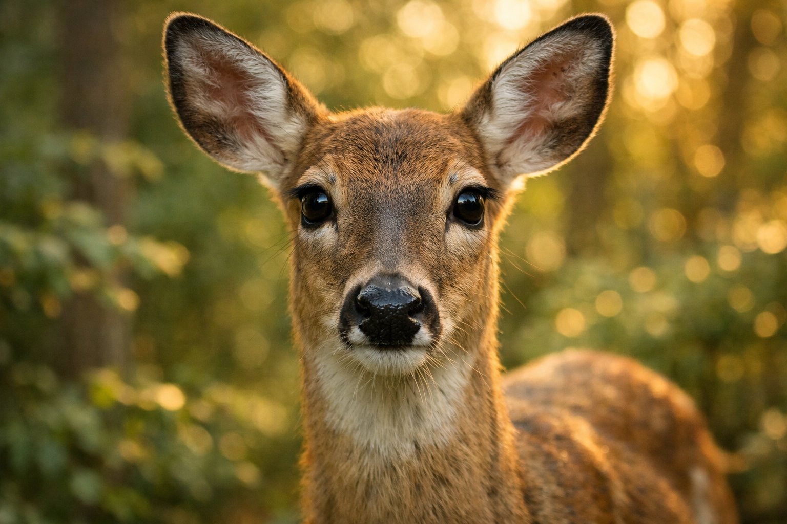 A close-up of a deer looking directly ahead in a forest with sunlight filtering through the trees.