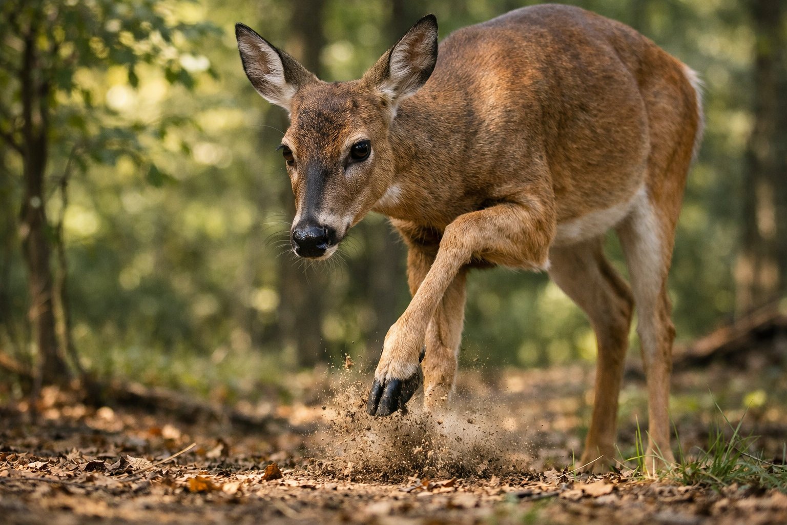 A deer in a forest lifting its front hoof as if stomping the ground, looking alert.