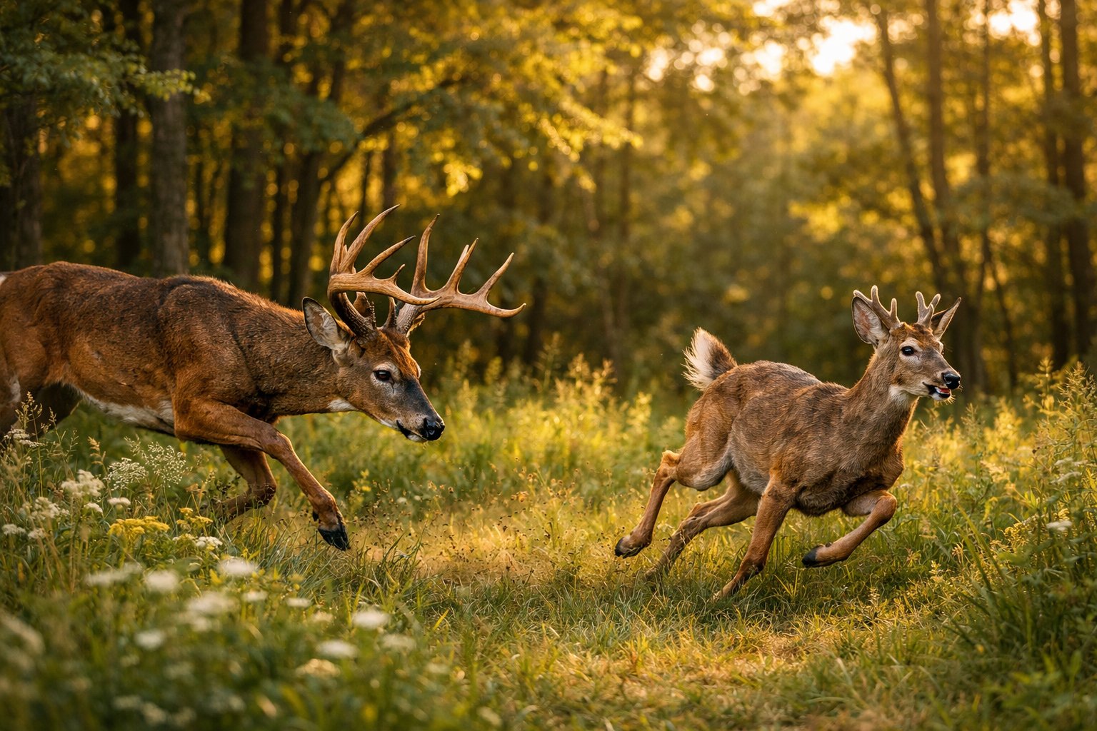 A male deer with large antlers chasing a smaller deer through a forest clearing.
