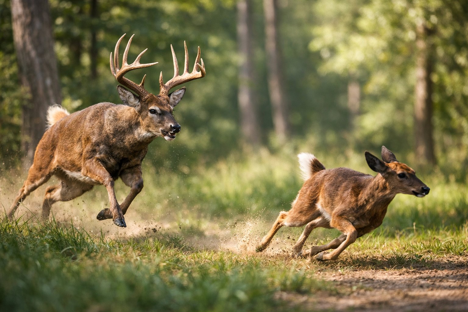 A large male deer with antlers chasing a smaller deer in a forest clearing.