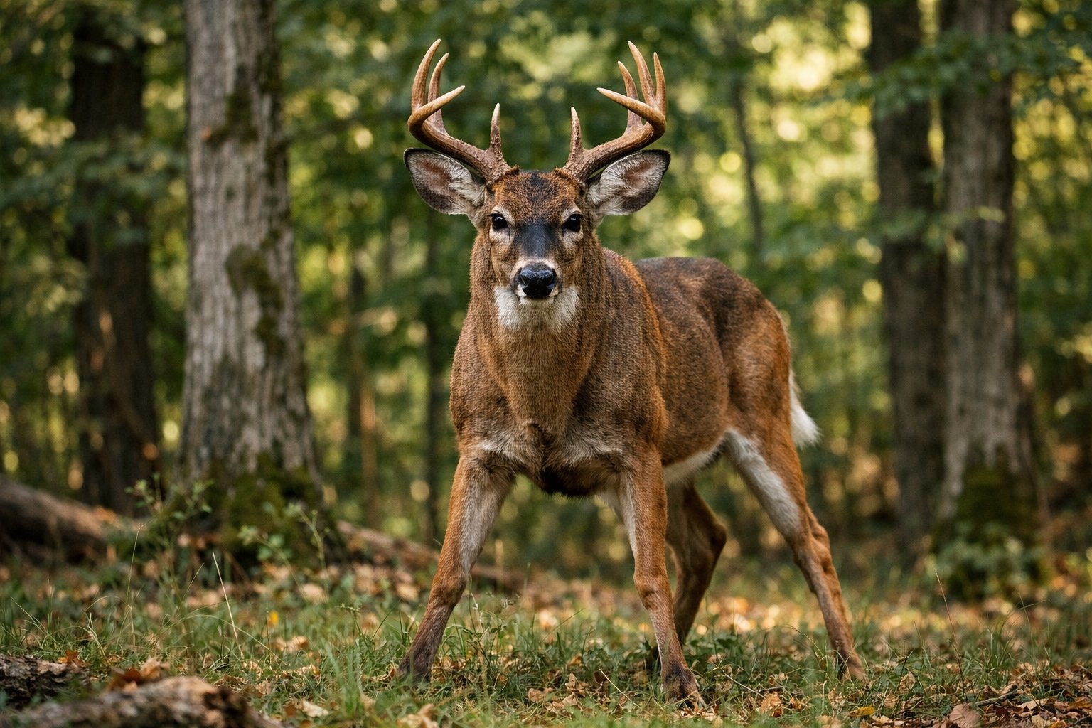 A wild deer standing alert in a forest, looking directly ahead with a cautious expression.