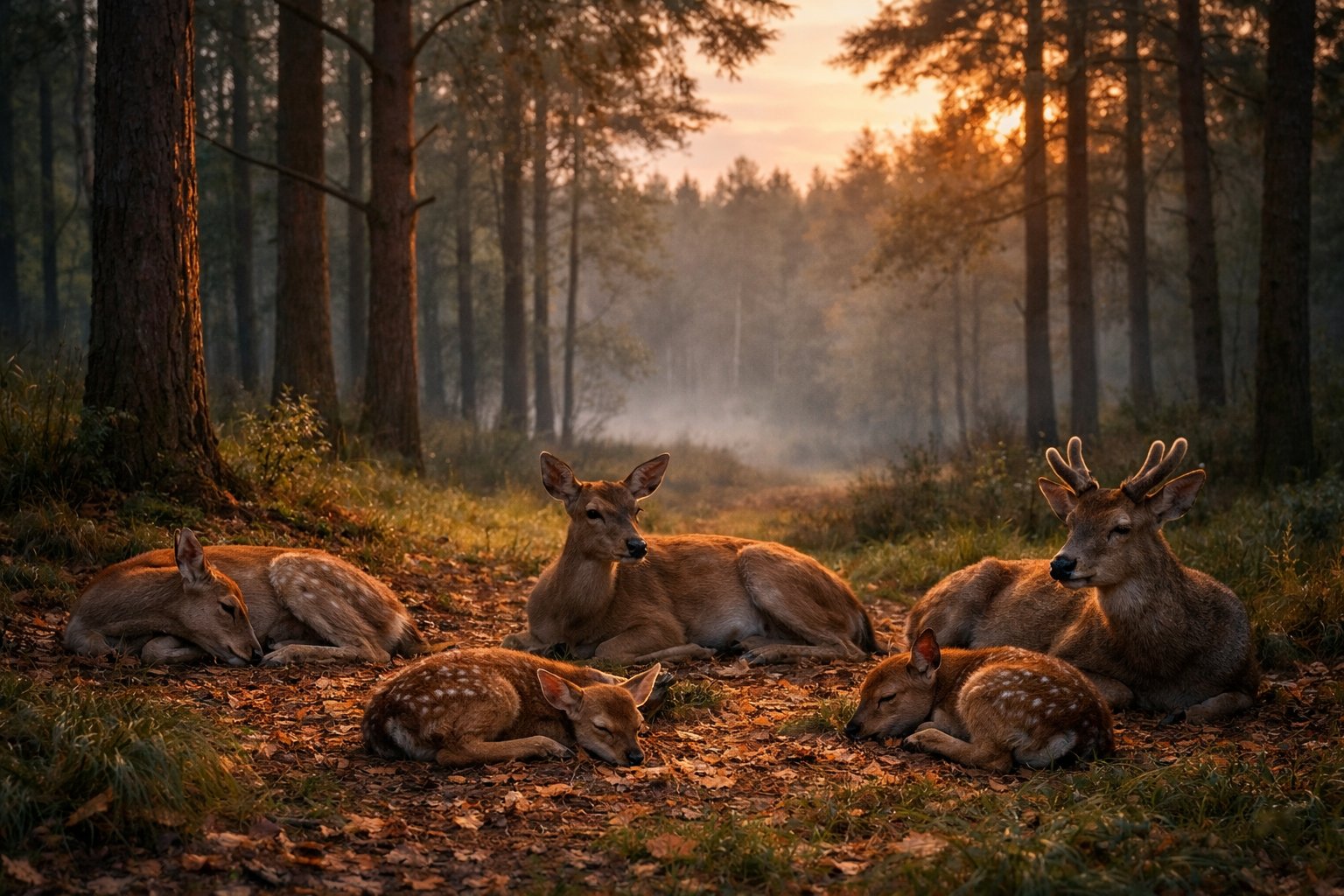 A group of deer resting on the forest floor at dusk with trees and soft sunlight in the background.