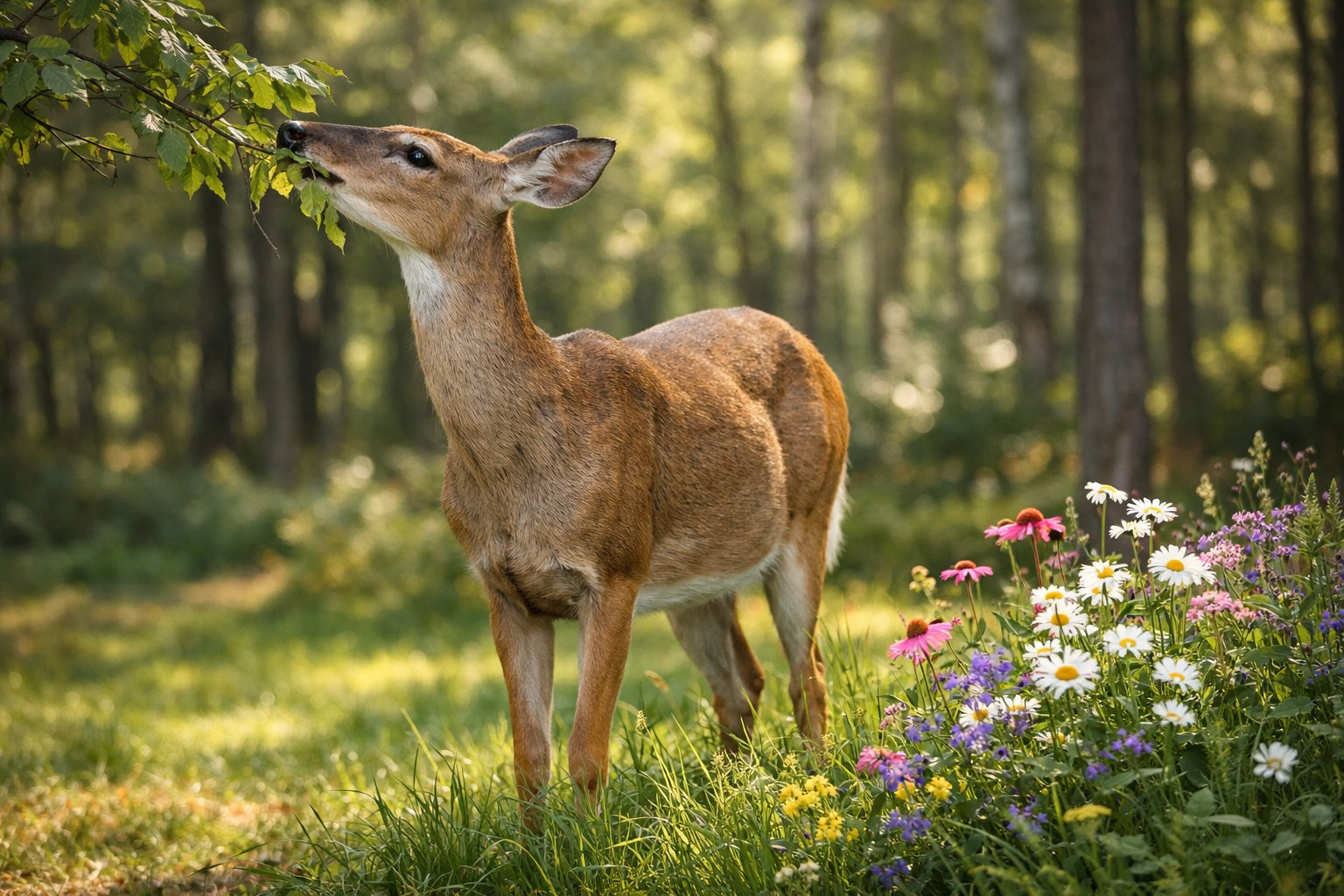 A deer eating leaves from a tree branch in a peaceful forest setting.