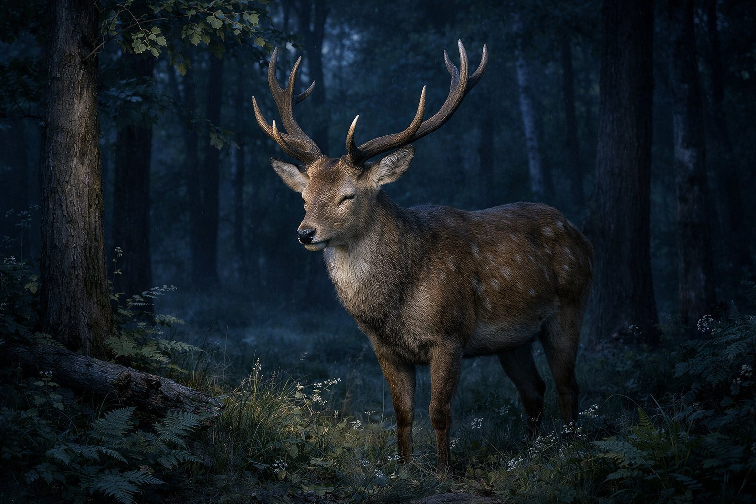 A deer standing quietly in a forest at night with its eyes closed, surrounded by trees and moonlight.