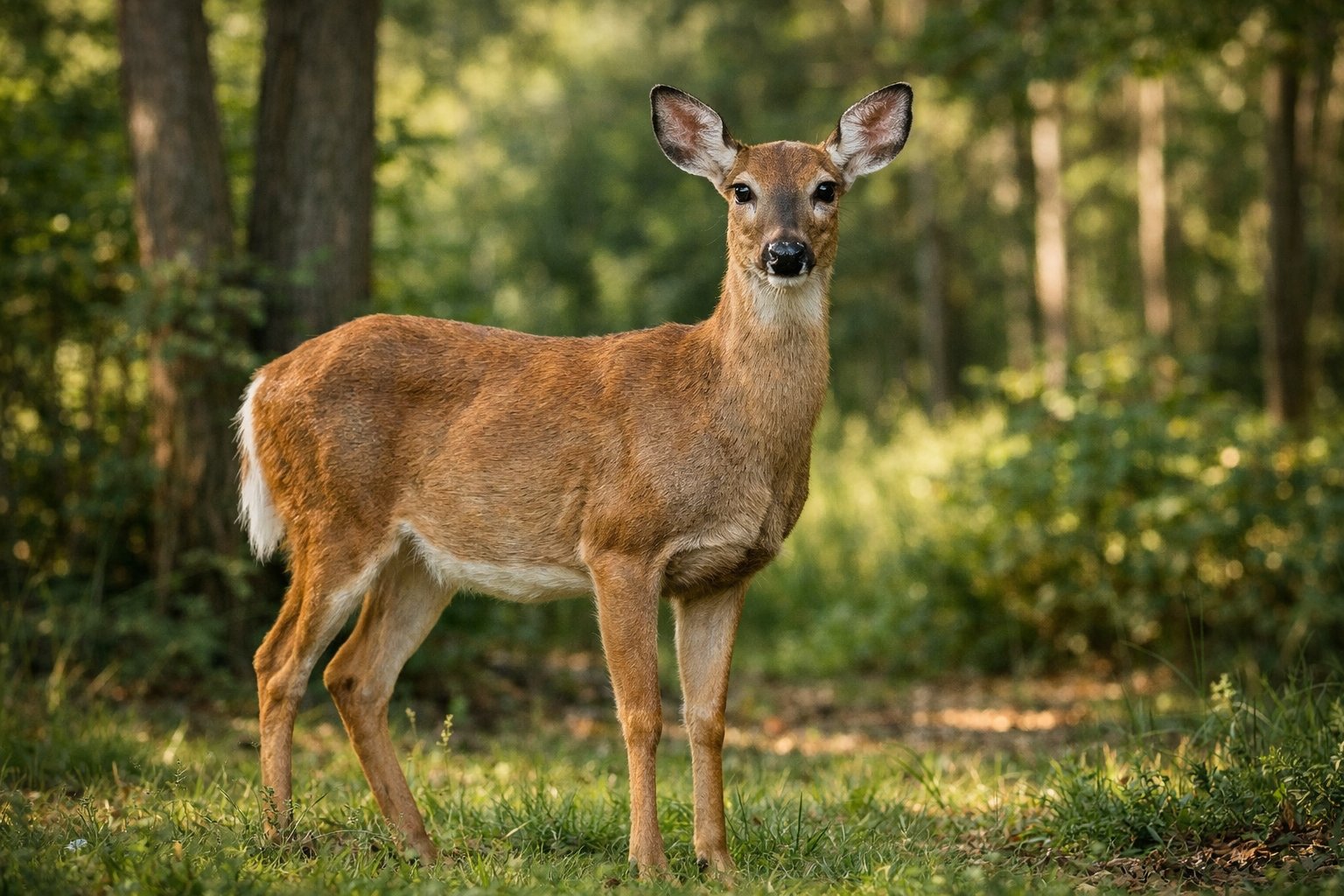 An adult deer standing in a green forest clearing with sunlight filtering through the trees.