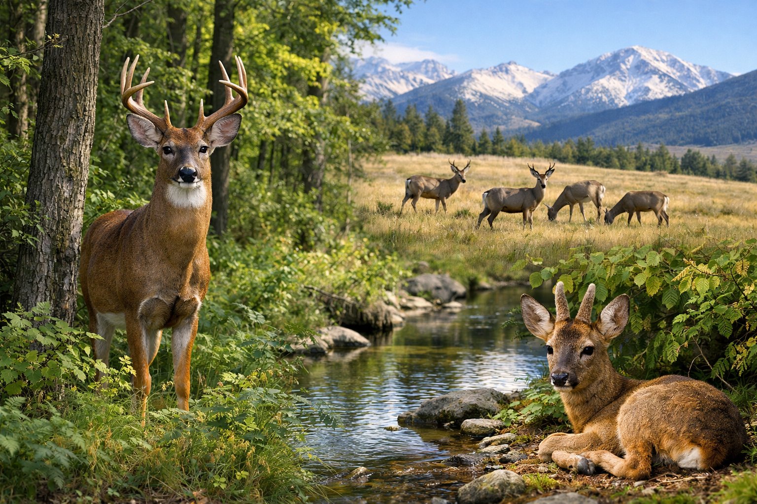 Various deer species in different natural environments including forest, grassy plains, and near a stream.