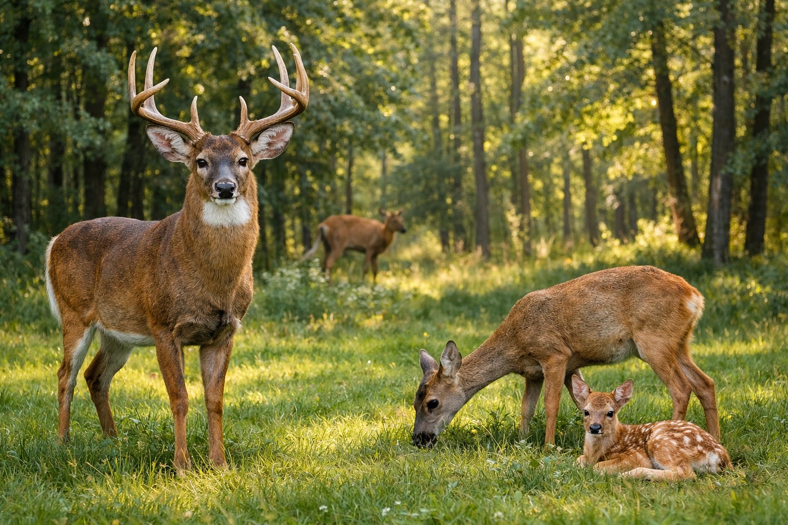 A forest scene showing a male white-tailed deer, a female roe deer, and a resting fawn among green grass and trees.