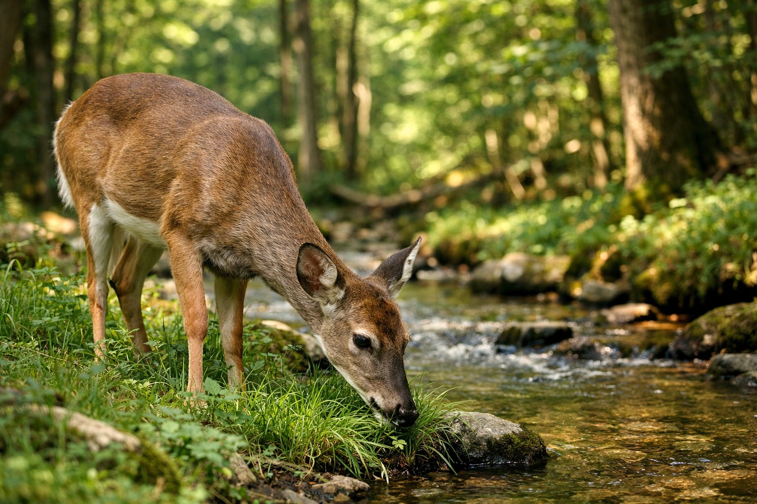 A deer grazing near a small stream in a green forest with sunlight filtering through the trees.