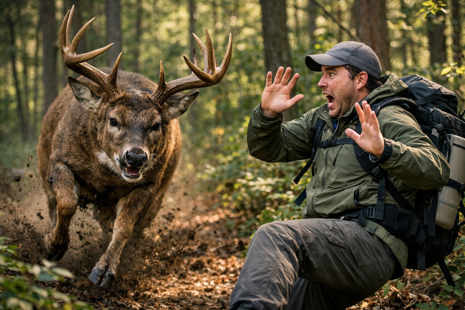 A person in a forest raising their arms defensively as a deer with antlers charges towards them.