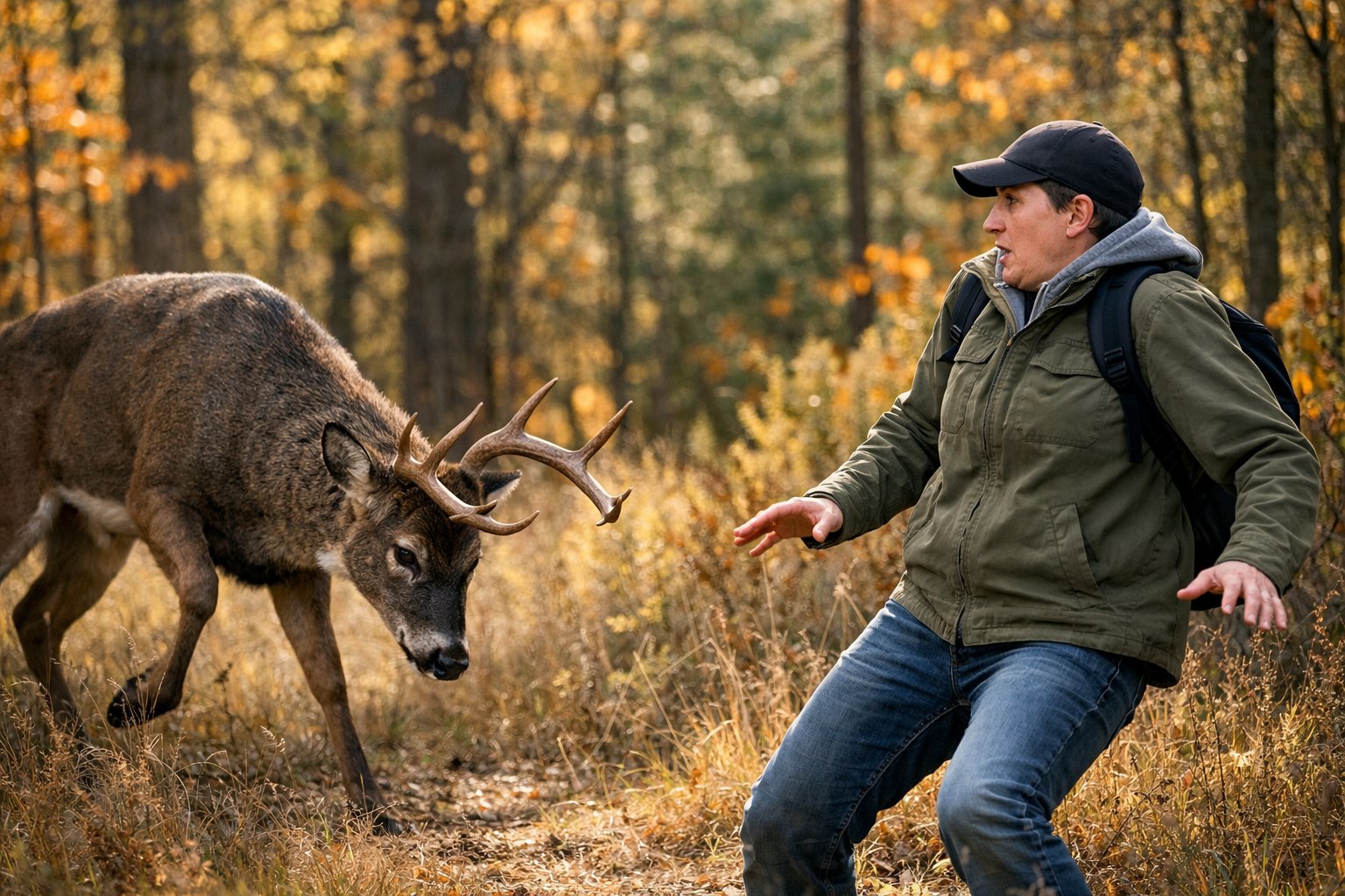 A person cautiously backing away from an agitated deer in a forest with autumn trees.