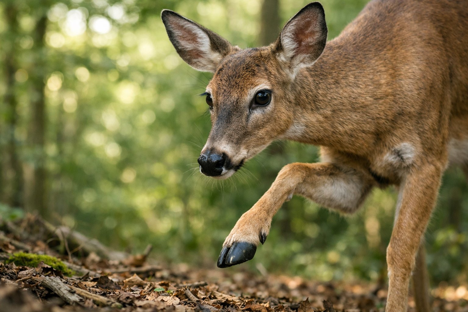 A deer in a forest raising one hoof as if stomping, surrounded by green trees and sunlight.