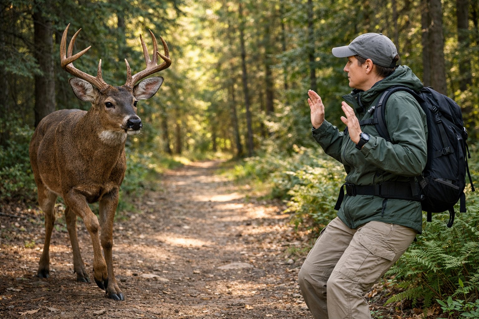 A person cautiously backing away from a deer in a forest while maintaining eye contact.