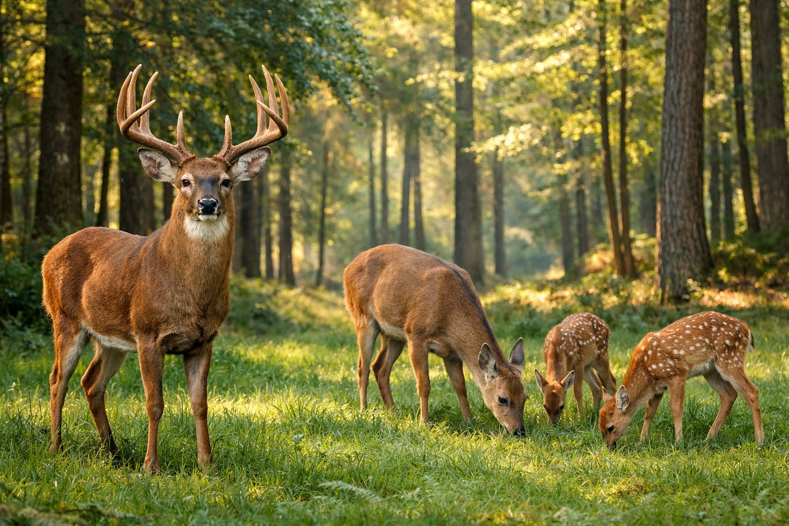 A group of deer including a male with antlers, a female, and two fawns in a sunlit forest clearing.