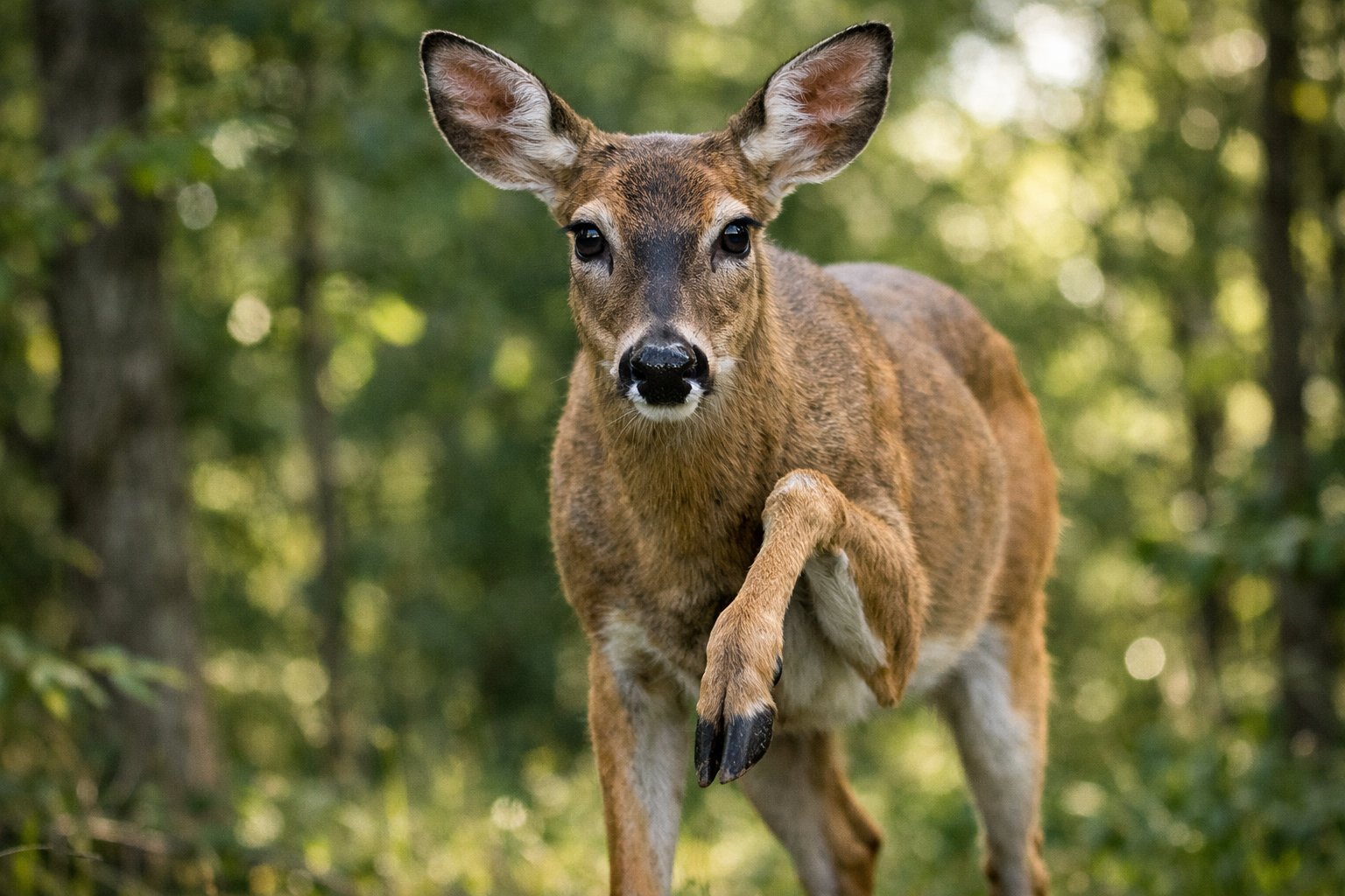 A deer in a forest looks directly ahead while raising one hoof to stomp on the ground.