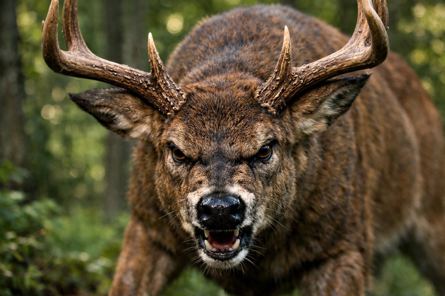 Close-up of an angry deer with pinned-back ears and flared nostrils in a green forest.