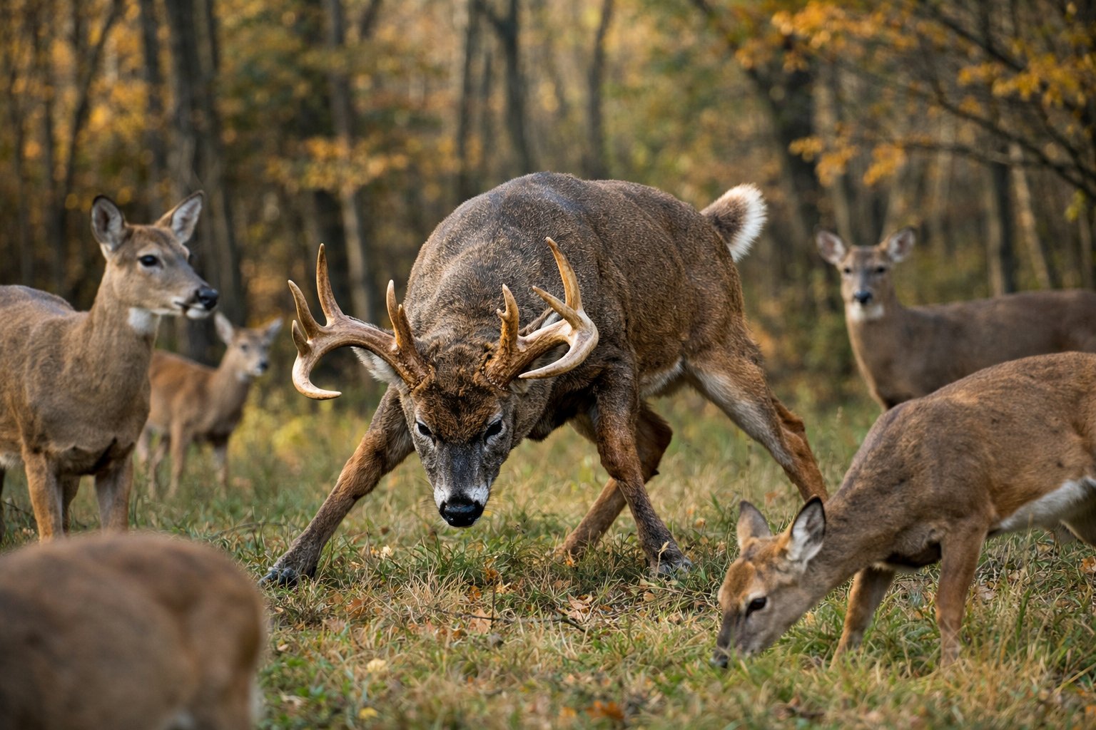 A male deer with large antlers in a forest lowering its head aggressively while other deer nearby react differently.