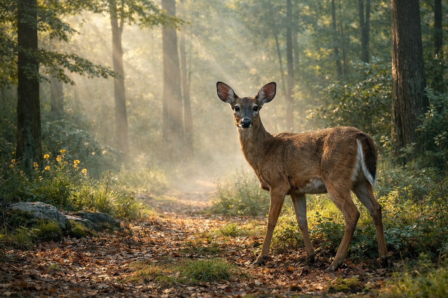 A deer standing alert in a forest, looking cautiously toward an unseen presence.