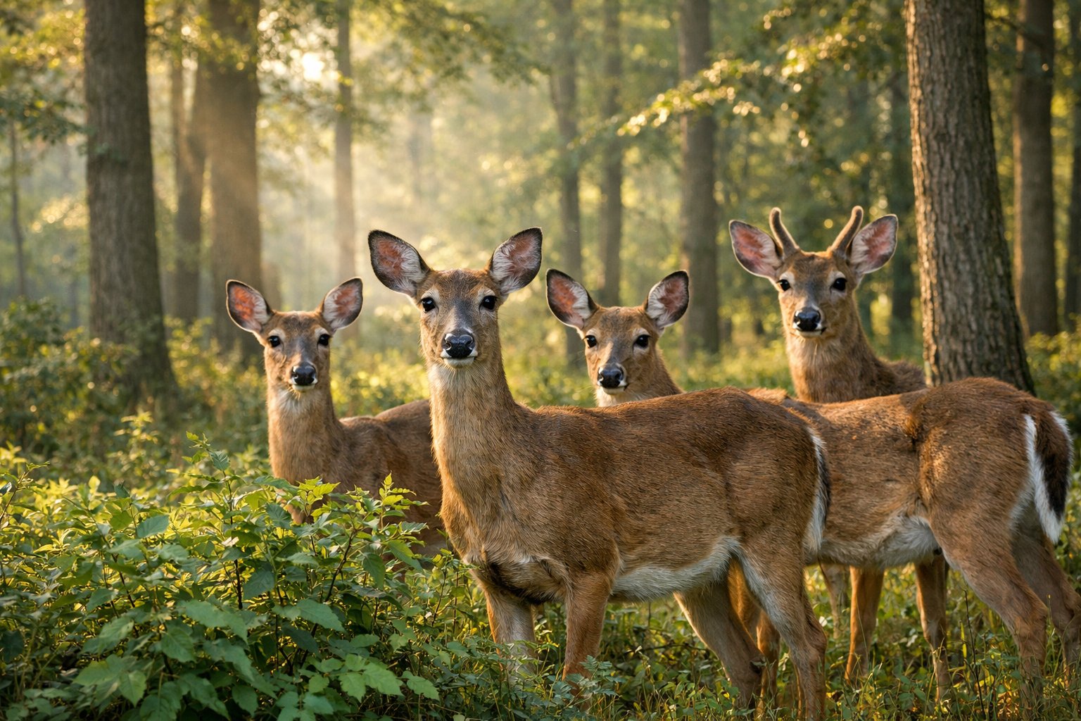 A group of alert deer standing in a forest with sunlight filtering through the trees, looking cautious and watchful.