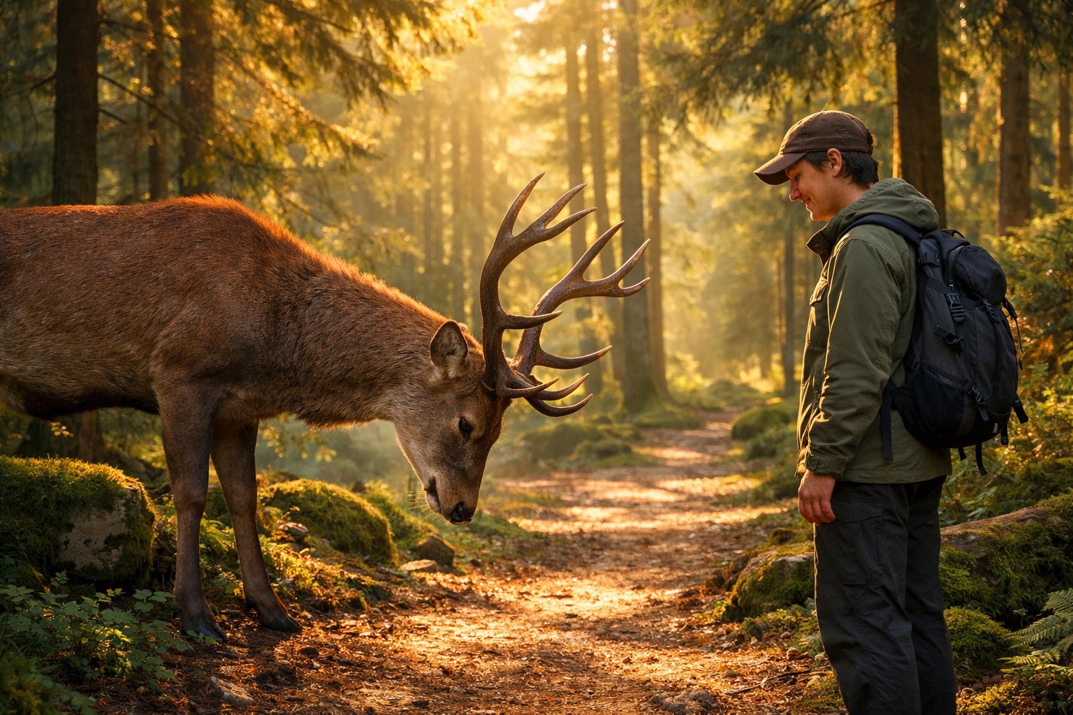 A deer bowing its head toward a person standing quietly in a forest during golden hour.