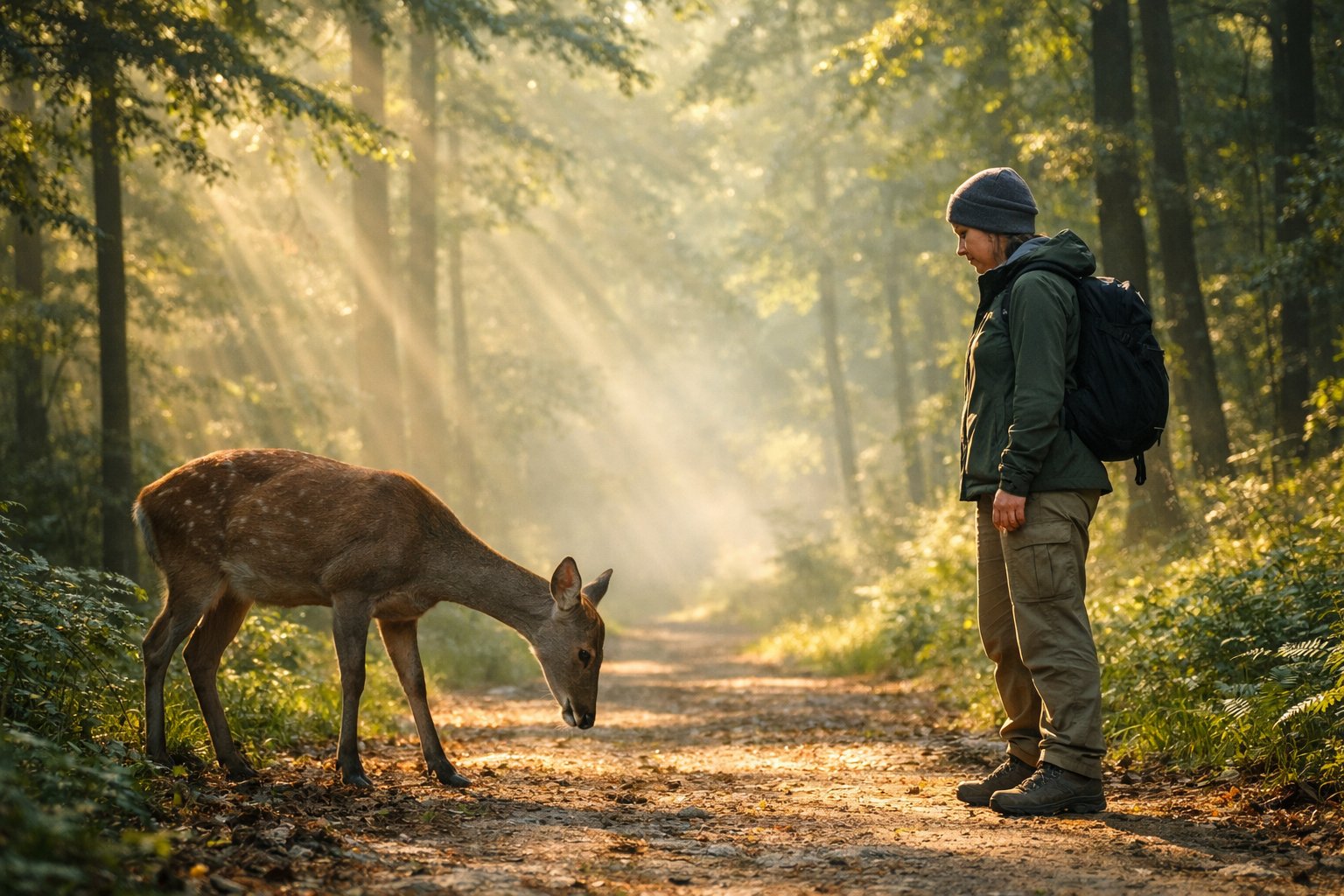 A deer bowing its head towards a person standing on a forest path surrounded by tall trees and soft morning light.