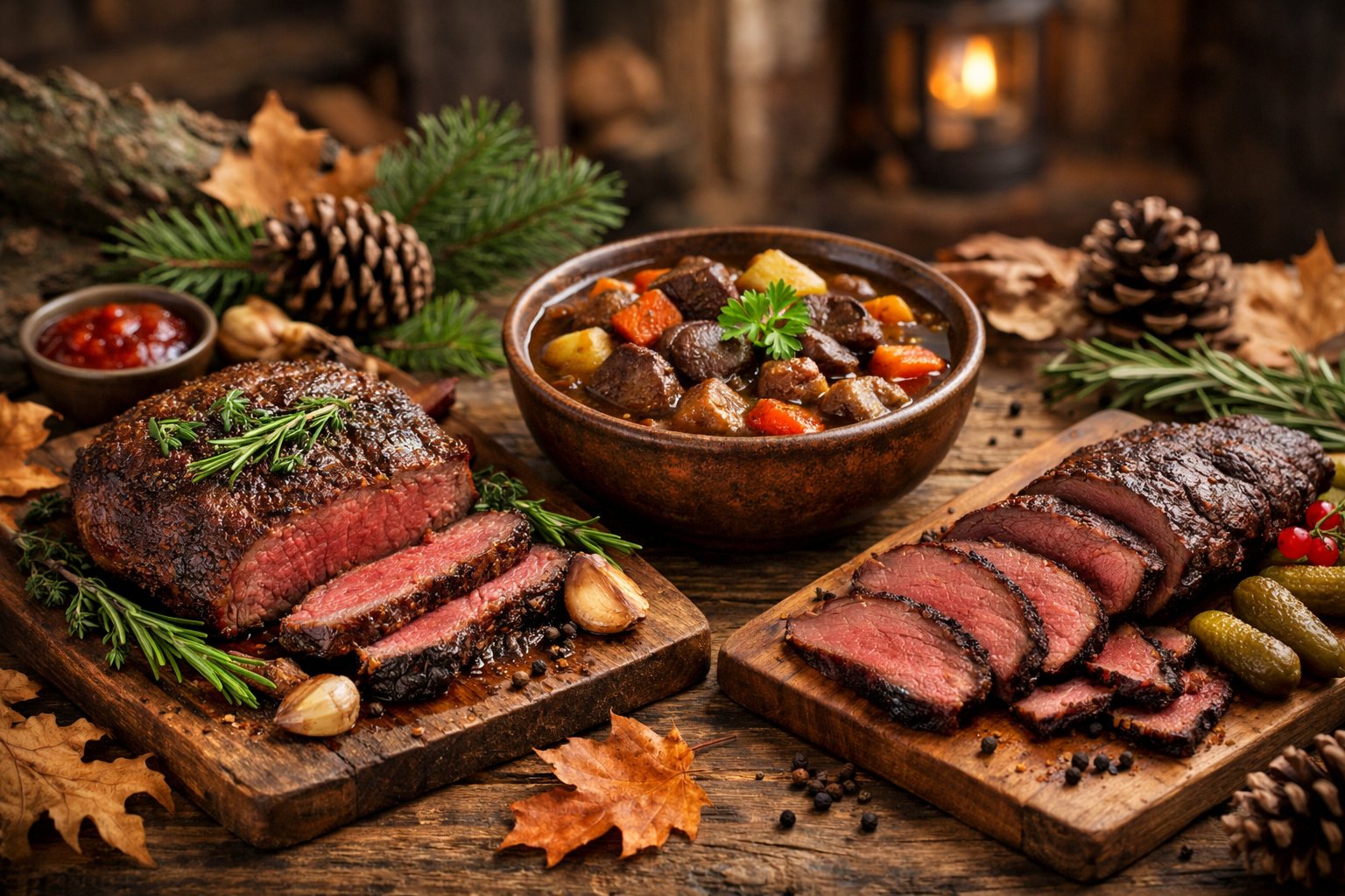 A table displaying several cooked venison dishes with herbs and natural decorations in a cozy setting.