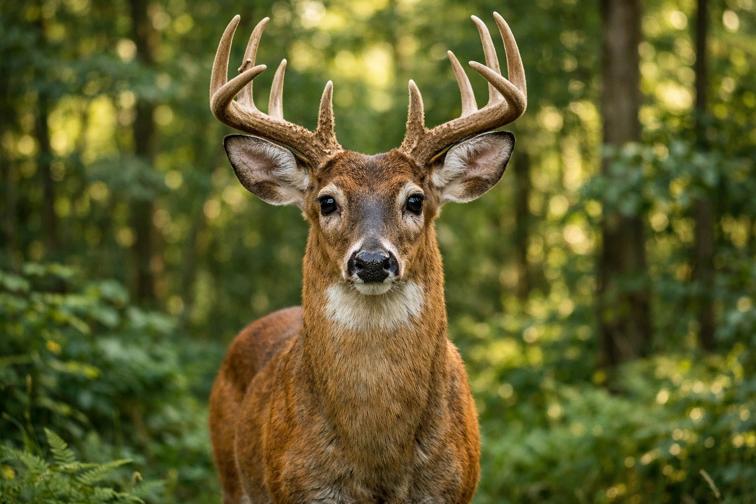 A deer standing in a green forest looking directly ahead.