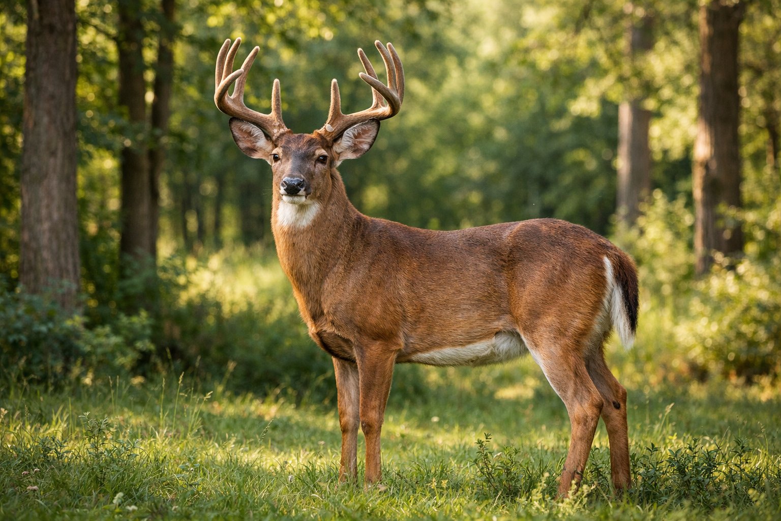 An adult deer standing in a sunlit forest clearing surrounded by trees and greenery.