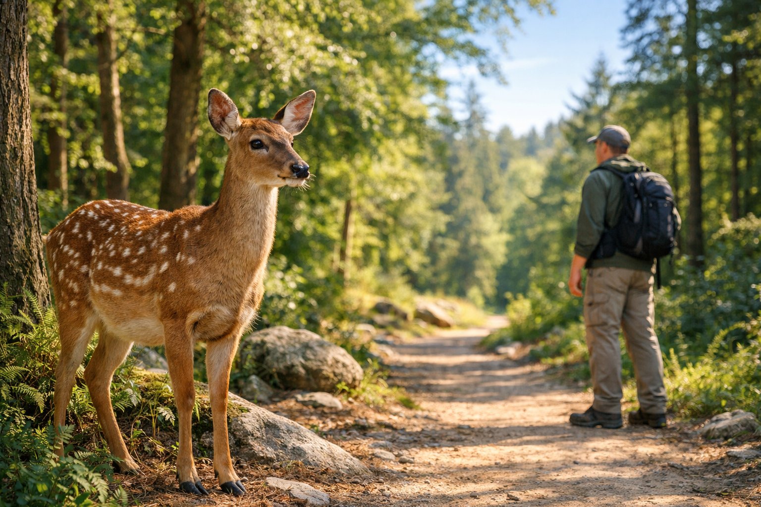 A calm deer standing near a hiking trail in a forest with a person observing quietly from a distance.
