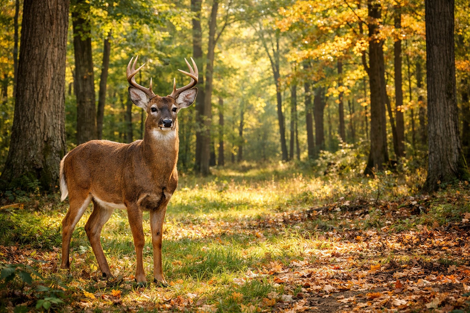 An adult deer standing in a sunlit forest clearing surrounded by trees and autumn leaves.