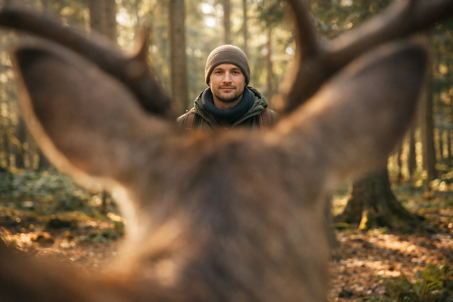 A person standing calmly in a forest, viewed from the perspective of a deer looking at them.