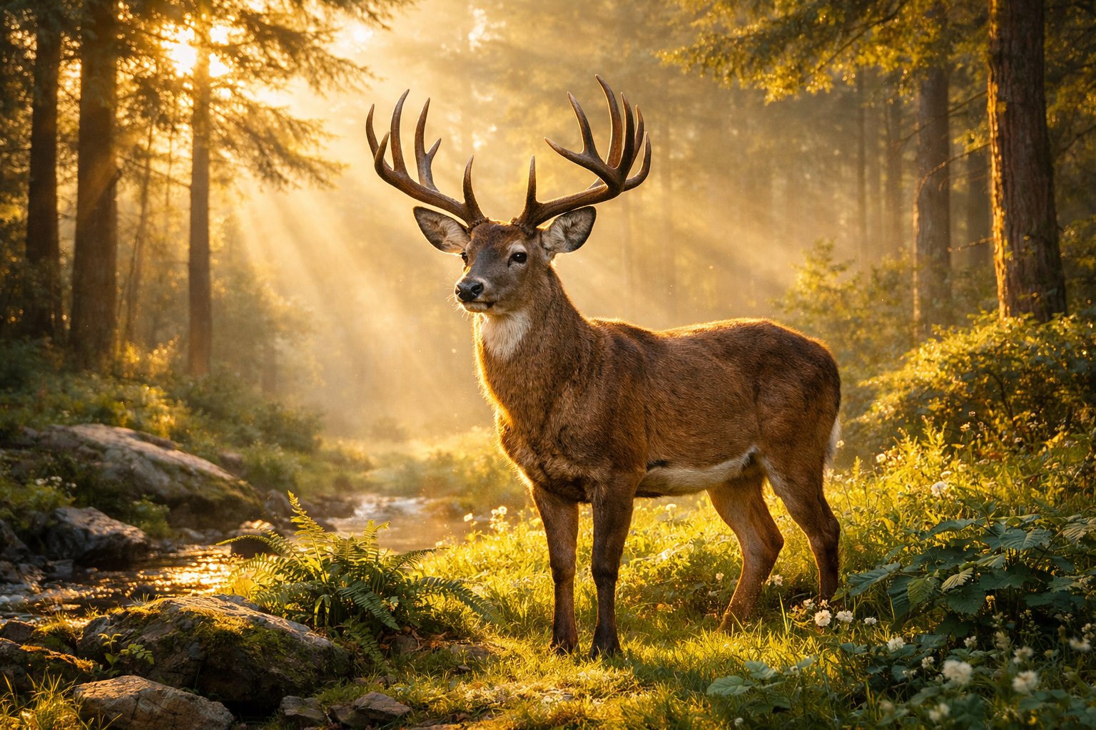 A deer standing in a sunlit forest clearing surrounded by trees and greenery.