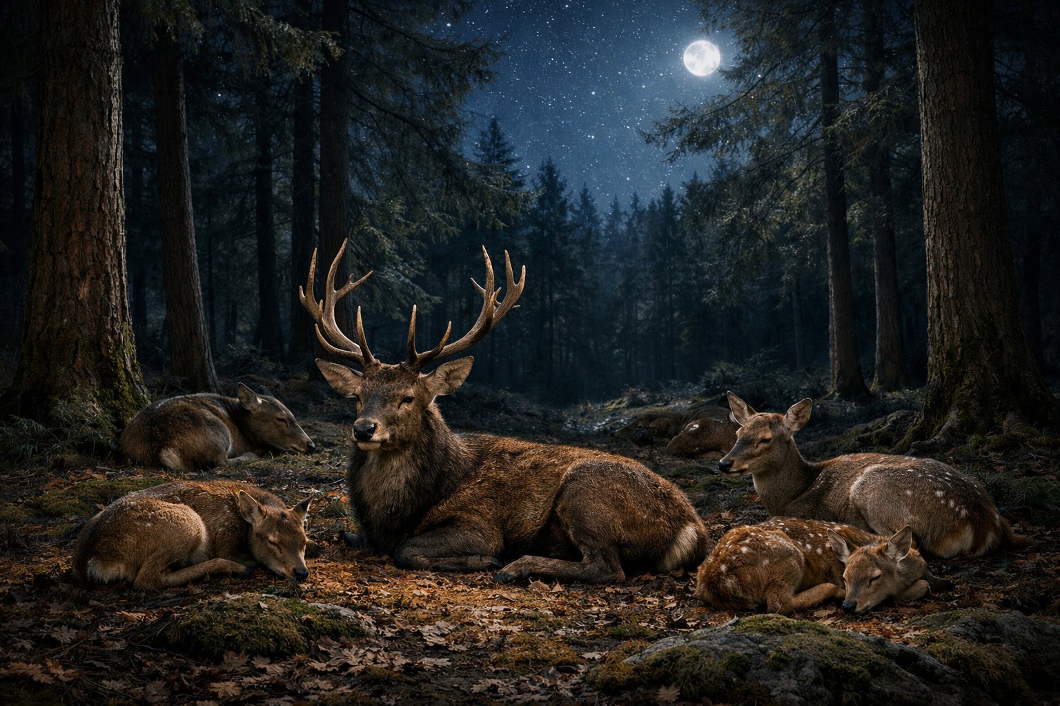 A group of deer resting on the forest floor at night under moonlight surrounded by trees.