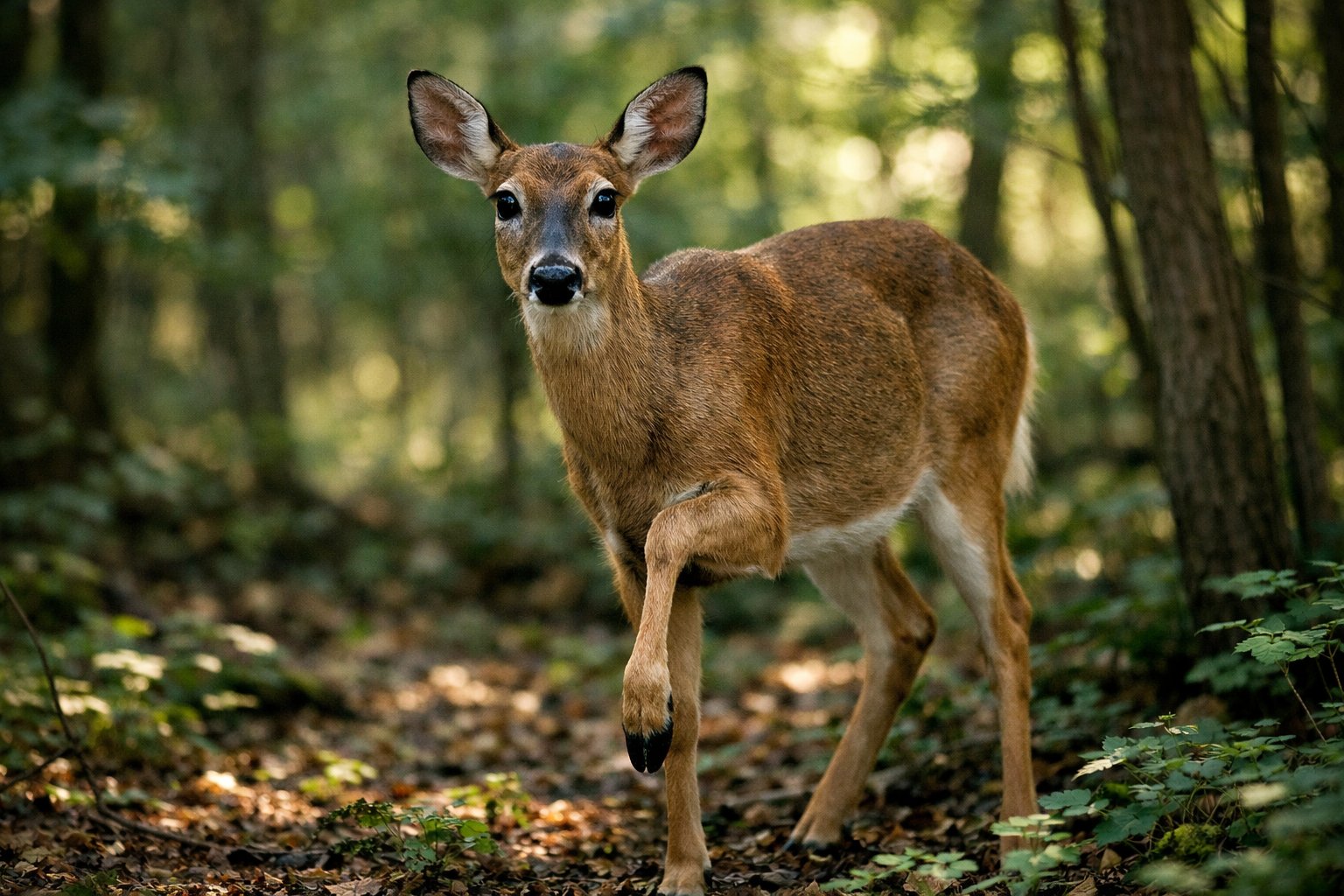 A wild deer in a forest raising one hoof to stomp, looking alert and focused.