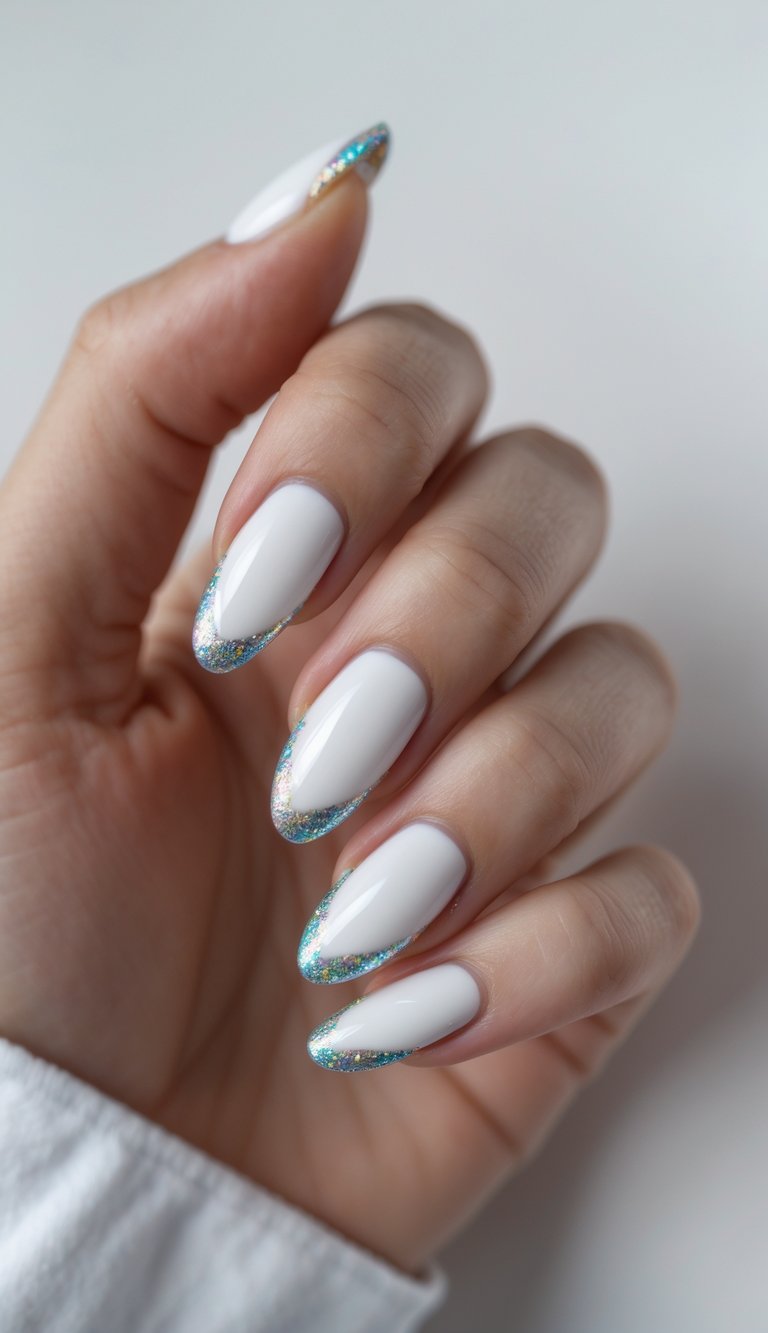 Close-up of one hand with neatly manicured nails featuring white French tips and holographic accents against a plain white background.