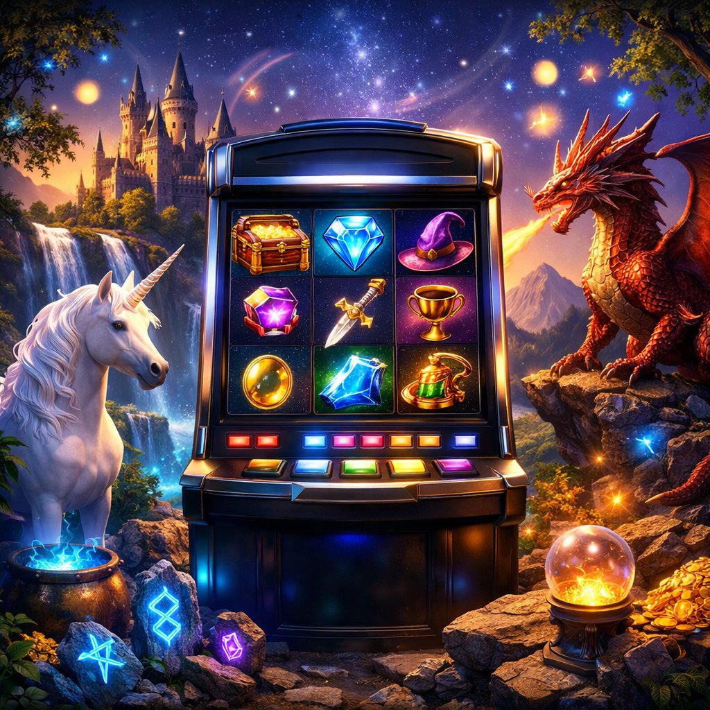 A magical slot machine surrounded by a fantasy world with a castle, dragons, unicorns, and glowing runes under a starry twilight sky.