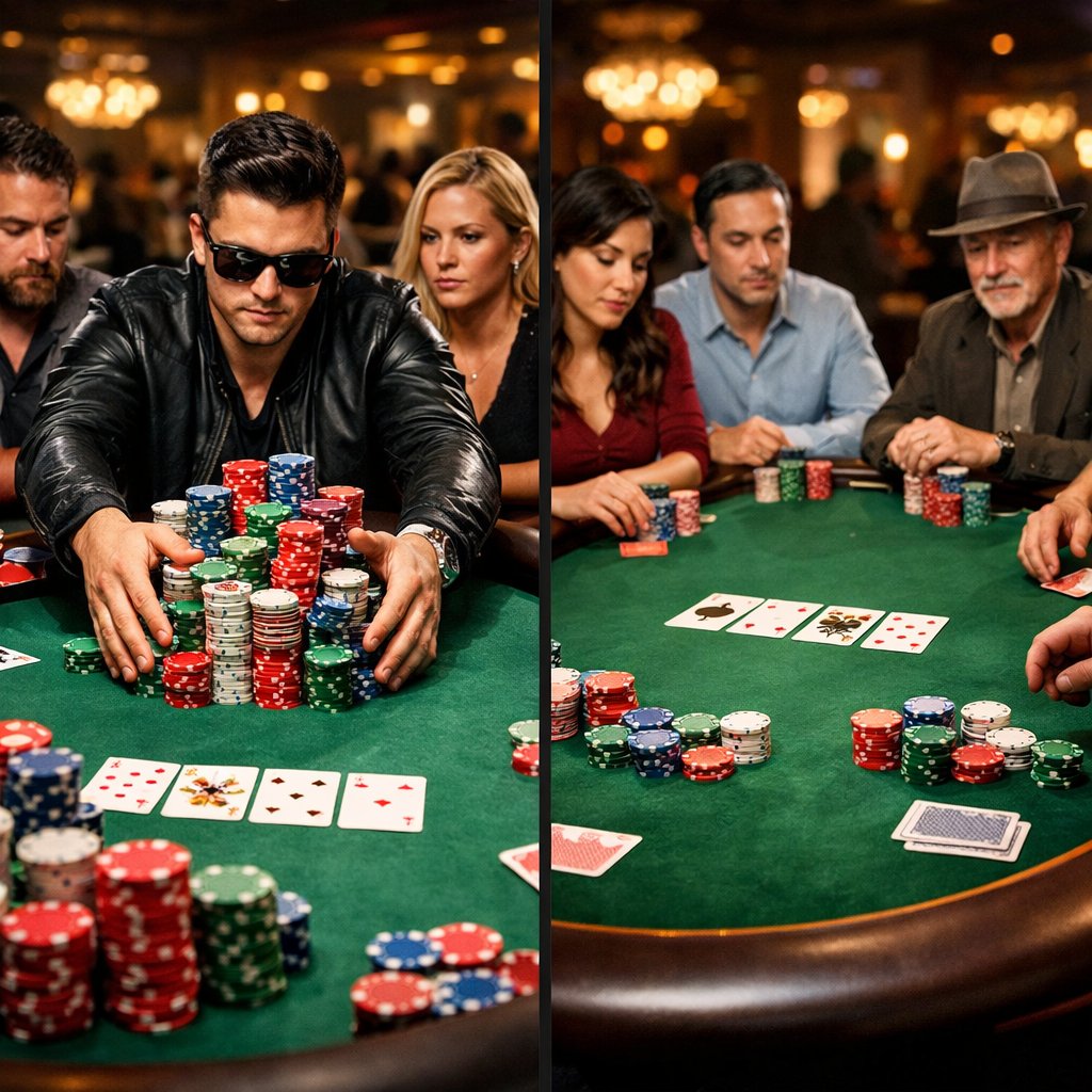 Two poker tables side by side in a casino, one with players betting large stacks of chips and the other with smaller, orderly bets, showing a contrast in poker playing styles.