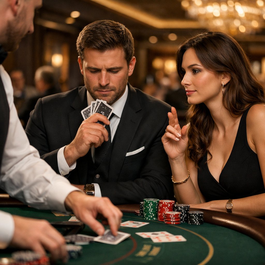 A man and woman at a blackjack table in a casino, with the man counting cards while the dealer deals cards.