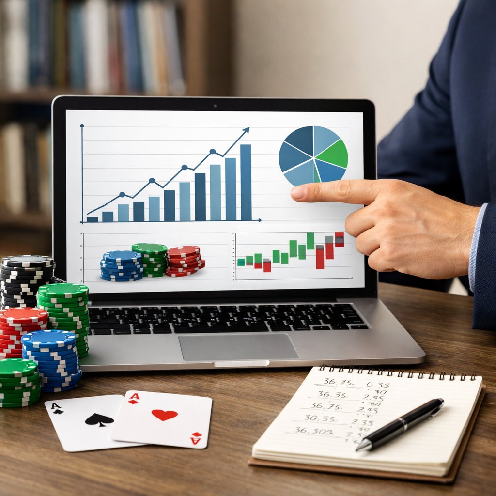 A person pointing at a laptop screen showing graphs, with poker chips, playing cards, and a notepad on a desk in a modern workspace.