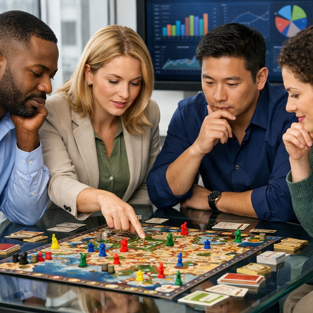 A group of people around a table playing a strategic board game, focused on making winning decisions.