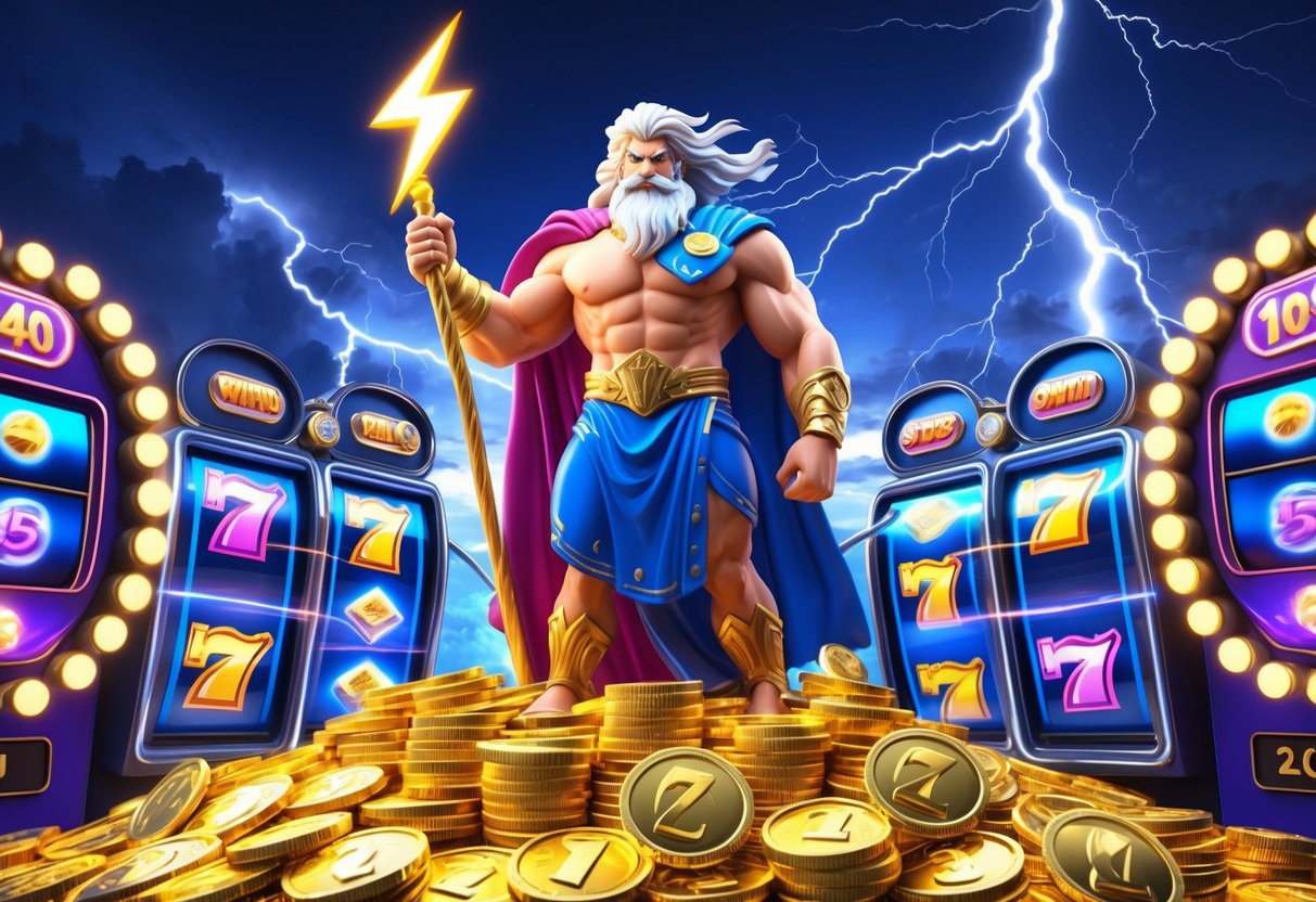 Patung Zeus berdiri di atas tumpukan koin emas dan token mesin slot yang bersinar dengan latar langit penuh petir.