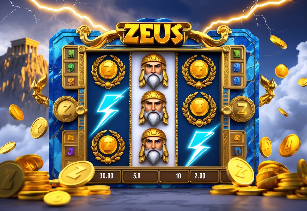 Mesin slot Zeus online dengan petir dan koin emas yang berterbangan di latar belakang Gunung Olympus.